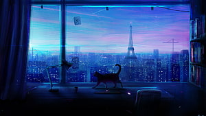Cat Silhouette on Windowsill Gazing at Paris Cityscape with Eiffel Tower at Night HD wallpaper
