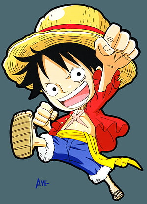 Luffy Chibi Style Illustration in Dynamic Action Pose HD phone wallpaper