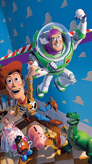 Toy Story 1995 Movie Poster Featuring Woody and Buzz Lightyear Flying HD phone wallpaper