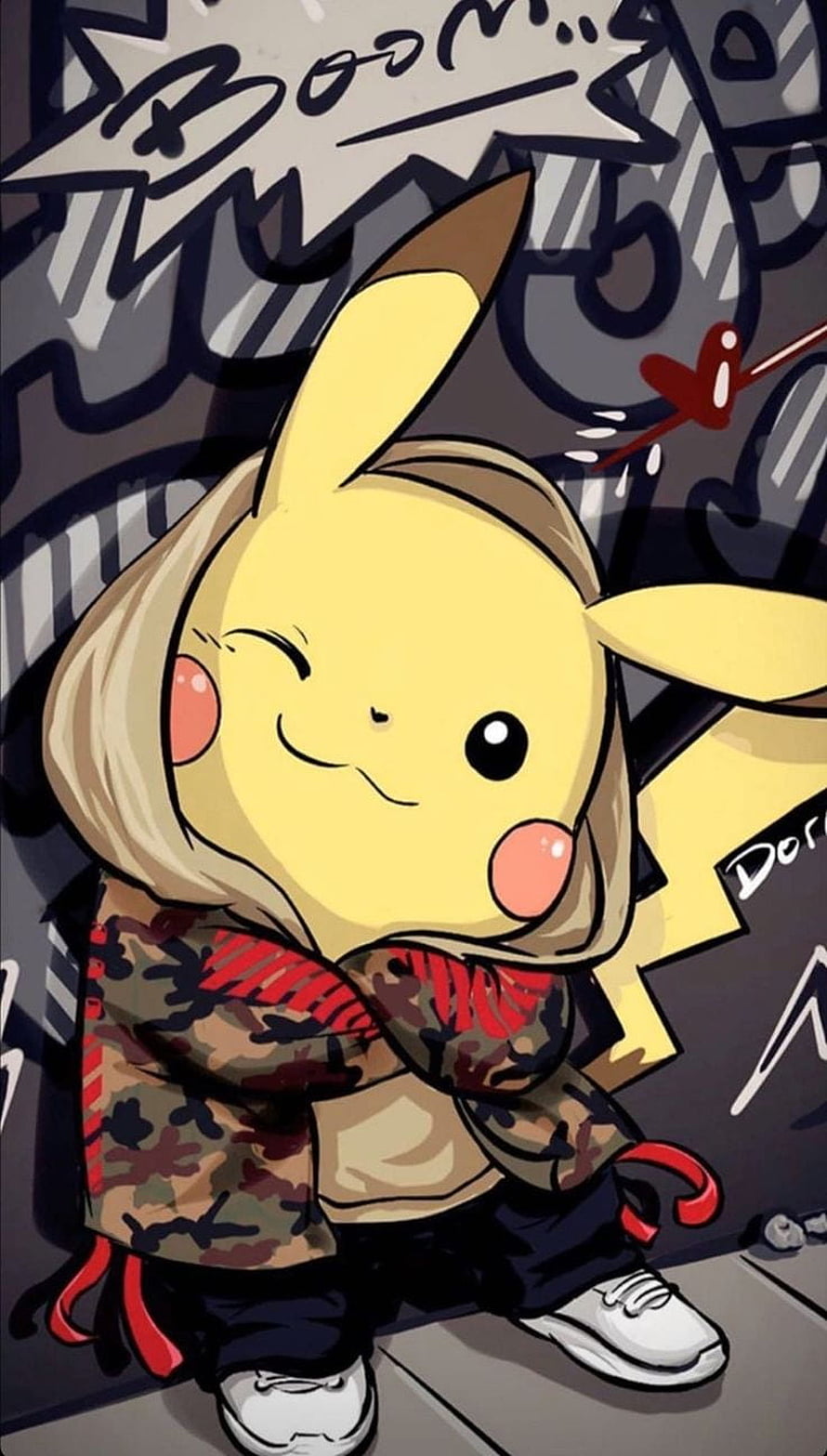 Cool Pikachu in Streetwear Hoodie and Sneakers Graffiti Background HD phone wallpaper