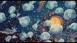 Studio Ghibli Underwater Jellyfish Scene with Coral Reef and Warm Light HD wallpaper