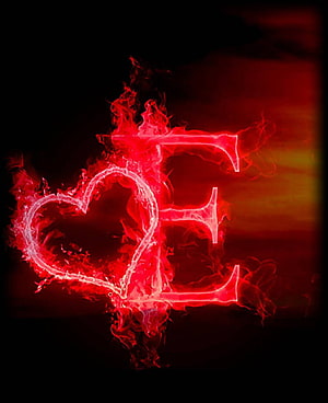 Glowing Red Flame Letter E With Heart Shape on Dark Background HD phone wallpaper