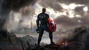 Captain America Standing on War-Torn Ruins with Shield in Dramatic Cinematic Art HD wallpaper
