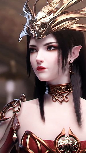 Fantasy Elf Queen Portrait with Golden Dragon Crown and Red Armor HD phone wallpaper