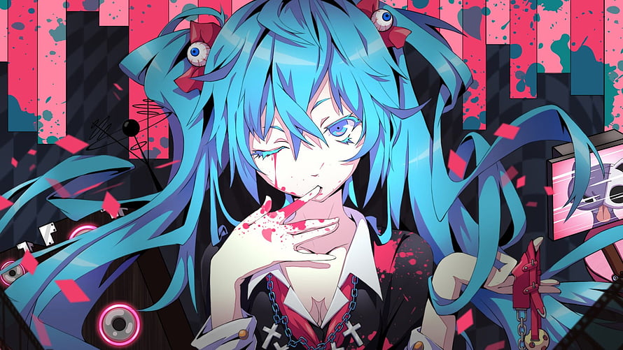 Hatsune Miku Dark Aesthetic Anime Wallpaper with Glitch Art and Cyberpunk Elements HD wallpaper
