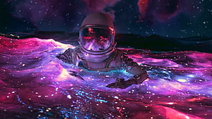 Astronaut Floating in a Glowing Cosmic Ocean of Purple and Pink Nebula HD wallpaper