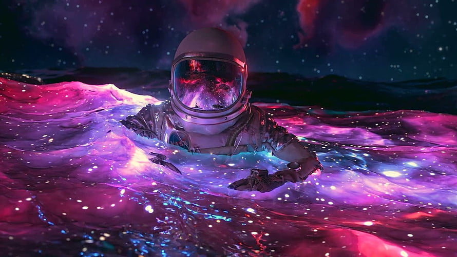 Astronaut Floating in a Glowing Cosmic Ocean of Purple and Pink Nebula HD wallpaper
