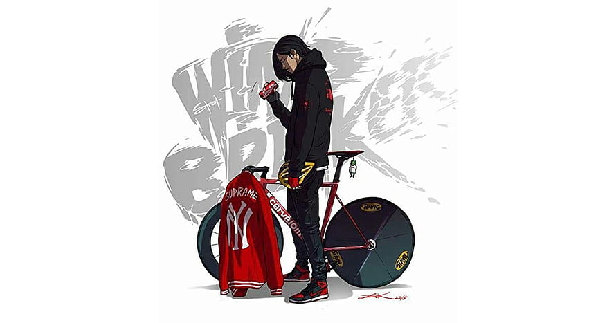 Street Art Illustration of Cyclist with Red Cervelo Bike and Supreme Jacket HD wallpaper