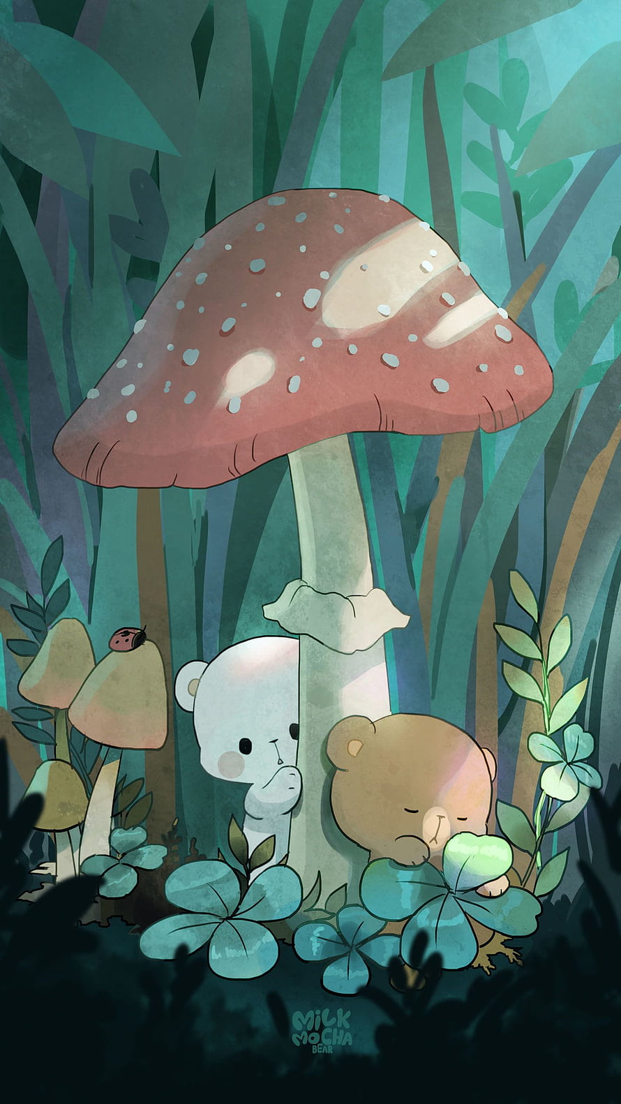 Milk and Mocha Bears Hiding Under a Giant Mushroom in a Lush Forest HD phone wallpaper