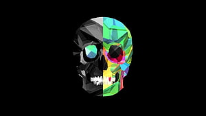 Low Poly Skull Split Design with Vibrant Geometric Colors on Black Background HD wallpaper