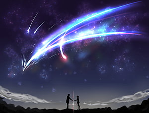 Silhouettes of Two People Holding Hands Under a Starry Sky with Bright Meteor Showers HD wallpaper