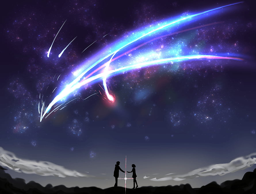 Silhouettes of Two People Holding Hands Under a Starry Sky with Bright Meteor Showers HD wallpaper