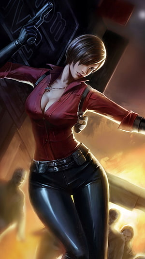 Ada Wong in Red Shirt and Black Leather Pants Holding a Pistol in a Dramatic Action Pose HD phone wallpaper