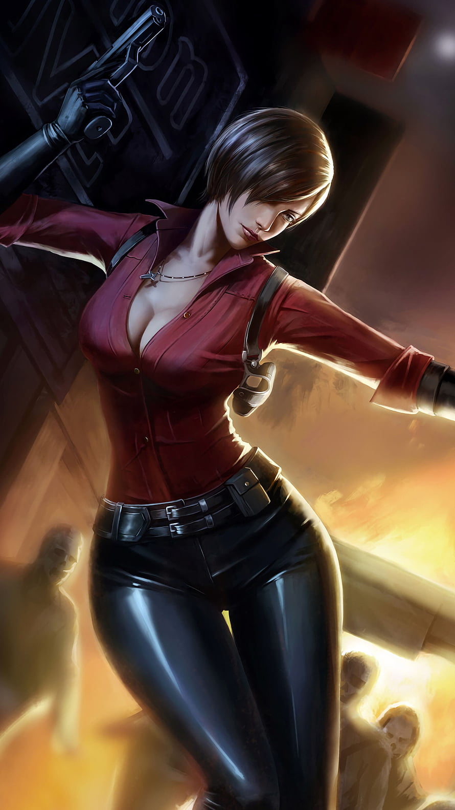 Ada Wong in Red Shirt and Black Leather Pants Holding a Pistol in a Dramatic Action Pose HD phone wallpaper