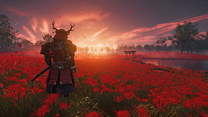 Samurai warrior standing in a field of red spider lilies at sunset in Ghost of Tsushima HD wallpaper