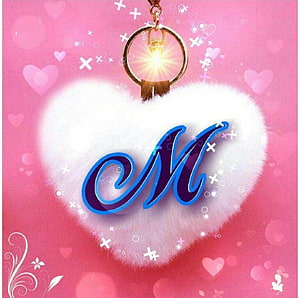 Cute White Furry Heart Pendant with Blue M Initial on Pink Background HD wallpaper