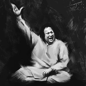 Black and White Digital Painting of a Man Screaming in Distress with Raised Hand, Nusrat Fateh Ali Khan HD wallpaper