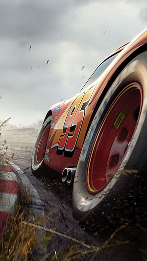 Lightning McQueen Drifting on Wet Track in Cars 3 Animated Scene HD phone wallpaper