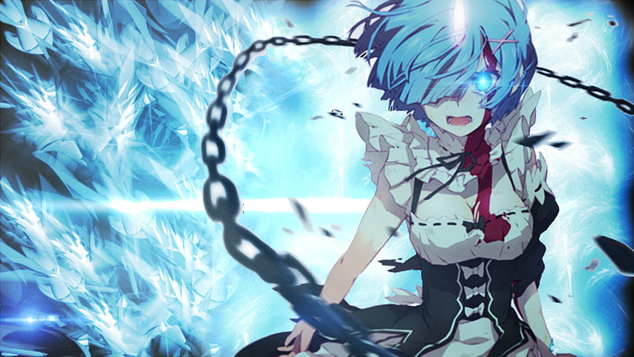 Blue-haired anime girl with glowing eye and chains in icy blue background HD wallpaper