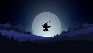 Silhouette of a Samurai Warrior Jumping with Katana Against a Giant Full Moon and Mountain Landscape HD wallpaper