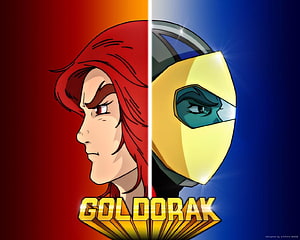Goldorak Dual Portrait Wallpaper Featuring Red-Haired Hero and Golden Helmeted Character HD wallpaper