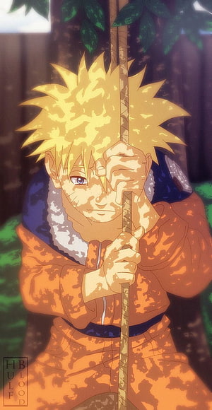 Naruto Uzumaki in Orange Jumpsuit Holding a Wooden Pole in a Forest HD phone wallpaper