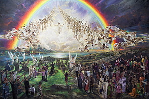 Second Coming of Jesus with Angels and Rainbow Over a Gathered Crowd HD wallpaper
