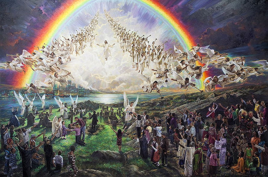Second Coming of Jesus with Angels and Rainbow Over a Gathered Crowd HD wallpaper