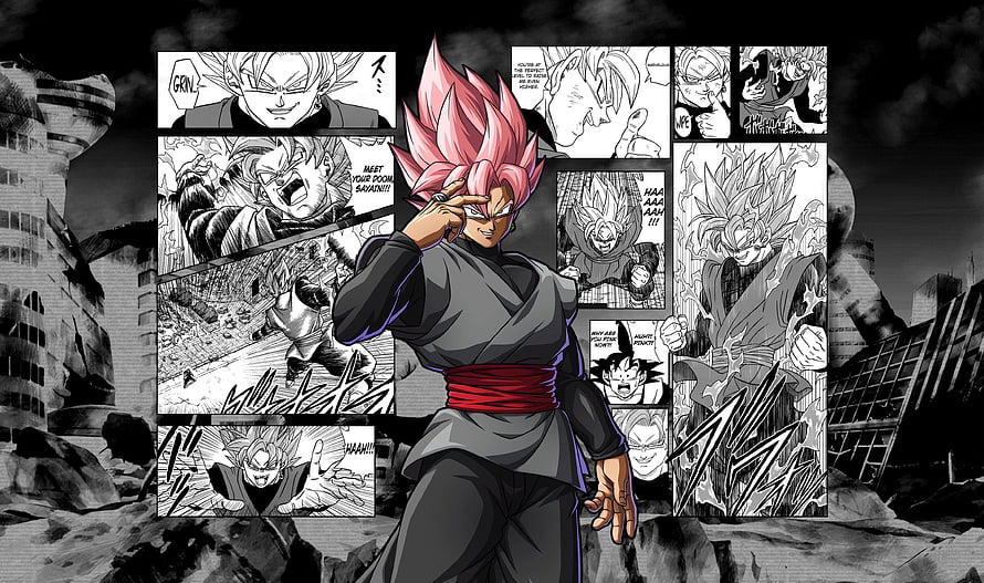 Black Goku Super Saiyan Rosé Manga Panel Collage Wallpaper HD wallpaper