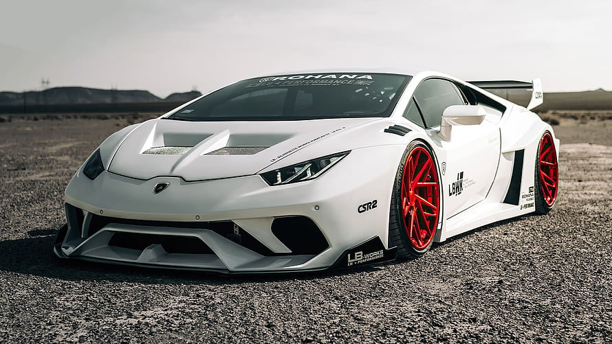 White Lamborghini Huracan LB-Works Widebody Kit with Red Wheels HD wallpaper