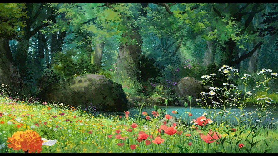 Studio Ghibli Forest Clearing with Wildflowers and Stream HD wallpaper