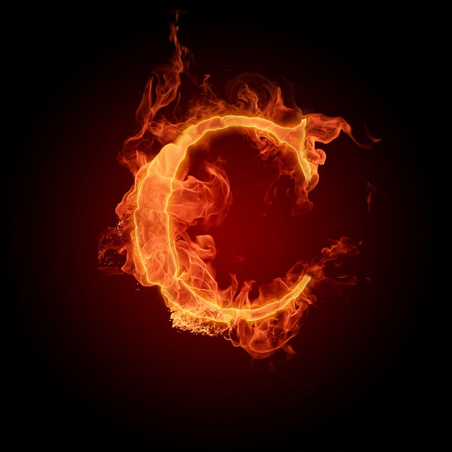 Glowing Letter C Rendered in Vivid Orange Flames Against a Dark Background HD phone wallpaper