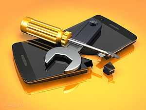Broken Smartphone Repair Concept with Wrench and Screwdriver on Orange Background HD wallpaper