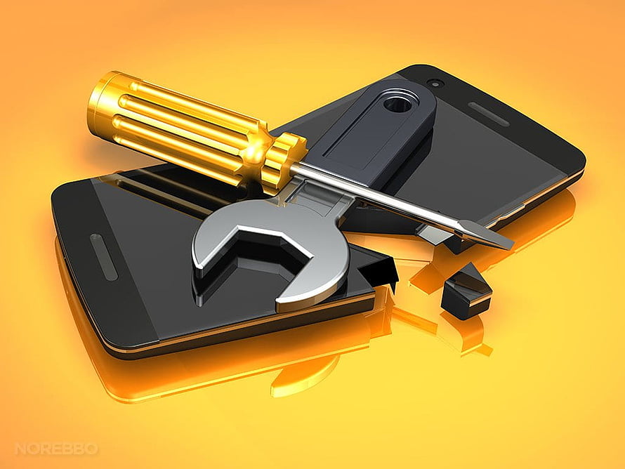 Broken Smartphone Repair Concept with Wrench and Screwdriver on Orange Background HD wallpaper