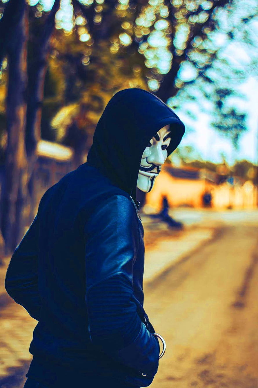 Anonymous Guy Fawkes Mask Hoodie Portrait in Golden Hour Park Setting HD phone wallpaper
