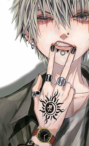 Pierced Anime Boy With Silver Hair And Sun Tattoo On Hand HD phone wallpaper