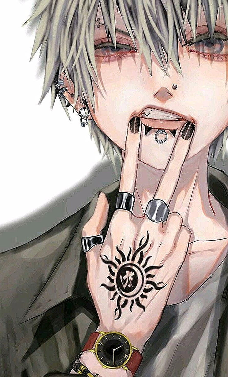 Pierced Anime Boy With Silver Hair And Sun Tattoo On Hand HD phone wallpaper