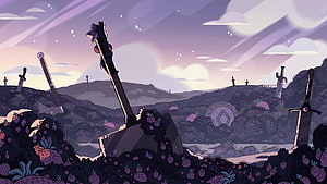Steven Universe Sword Graveyard Landscape with Purple Berry Bushes and Twilight Sky HD wallpaper