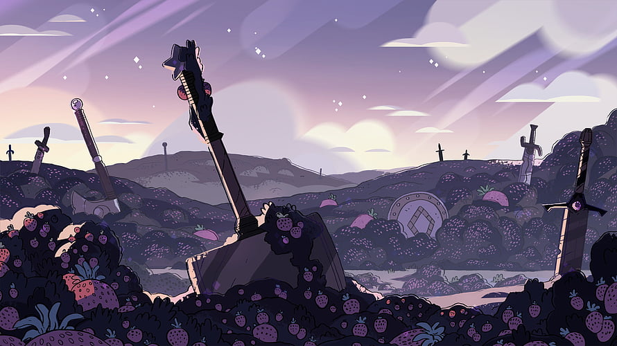 Steven Universe Sword Graveyard Landscape with Purple Berry Bushes and Twilight Sky HD wallpaper