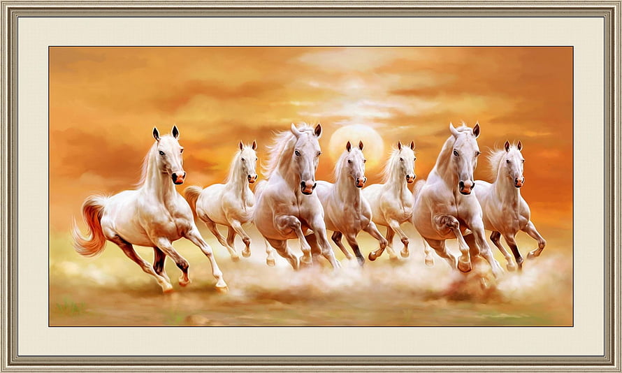 Seven White Horses Galloping in a Golden Sunset Landscape HD wallpaper