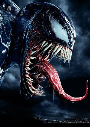 Venom Symbiote Close-Up with Jagged Teeth and Long Tongue Against Dark Stormy Sky HD phone wallpaper