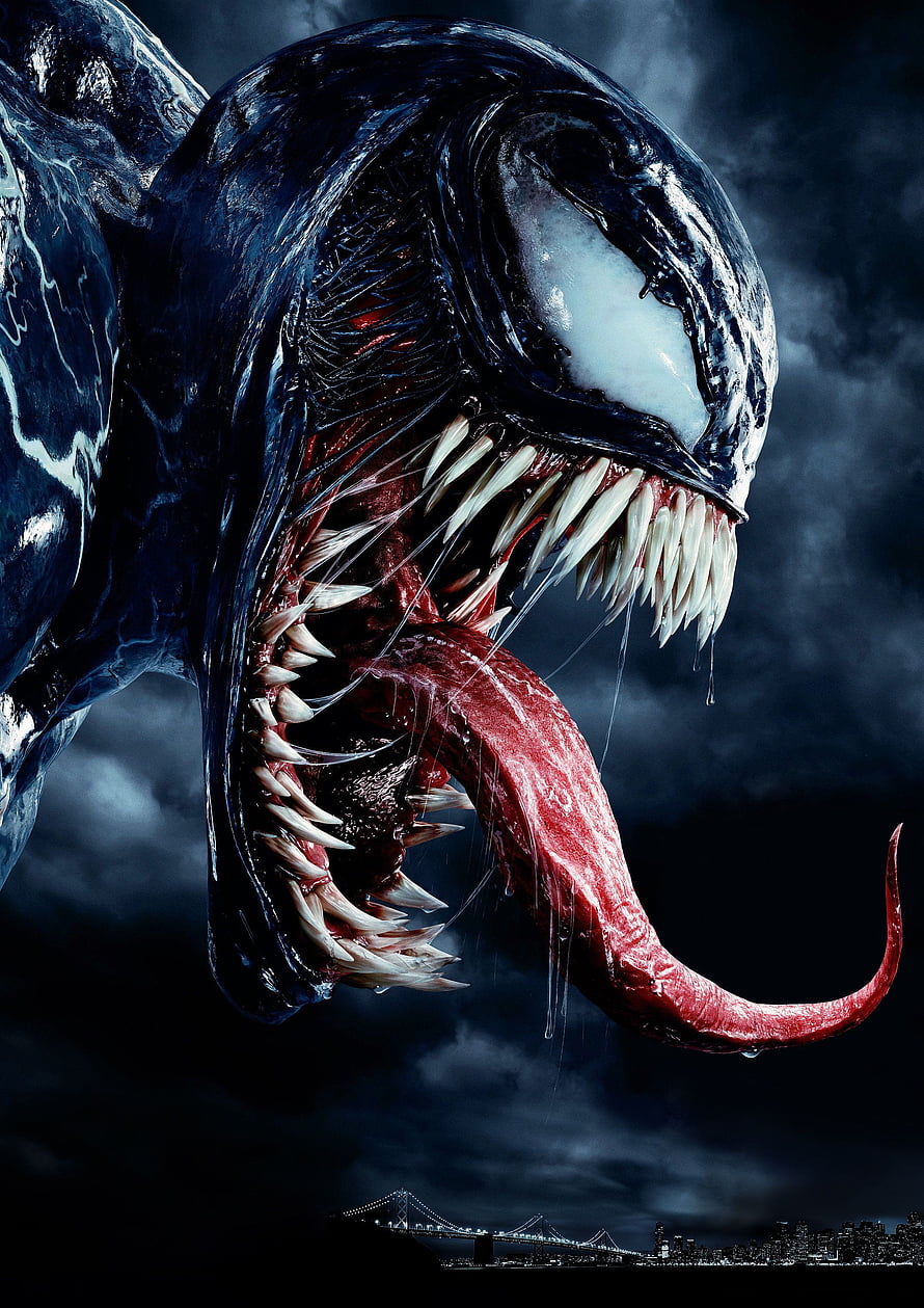 Venom Symbiote Close-Up with Jagged Teeth and Long Tongue Against Dark Stormy Sky HD phone wallpaper