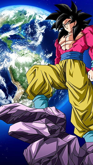 Super Saiyan 4 Goku Standing on Floating Rock Above Earth in Dragon Ball GT HD phone wallpaper