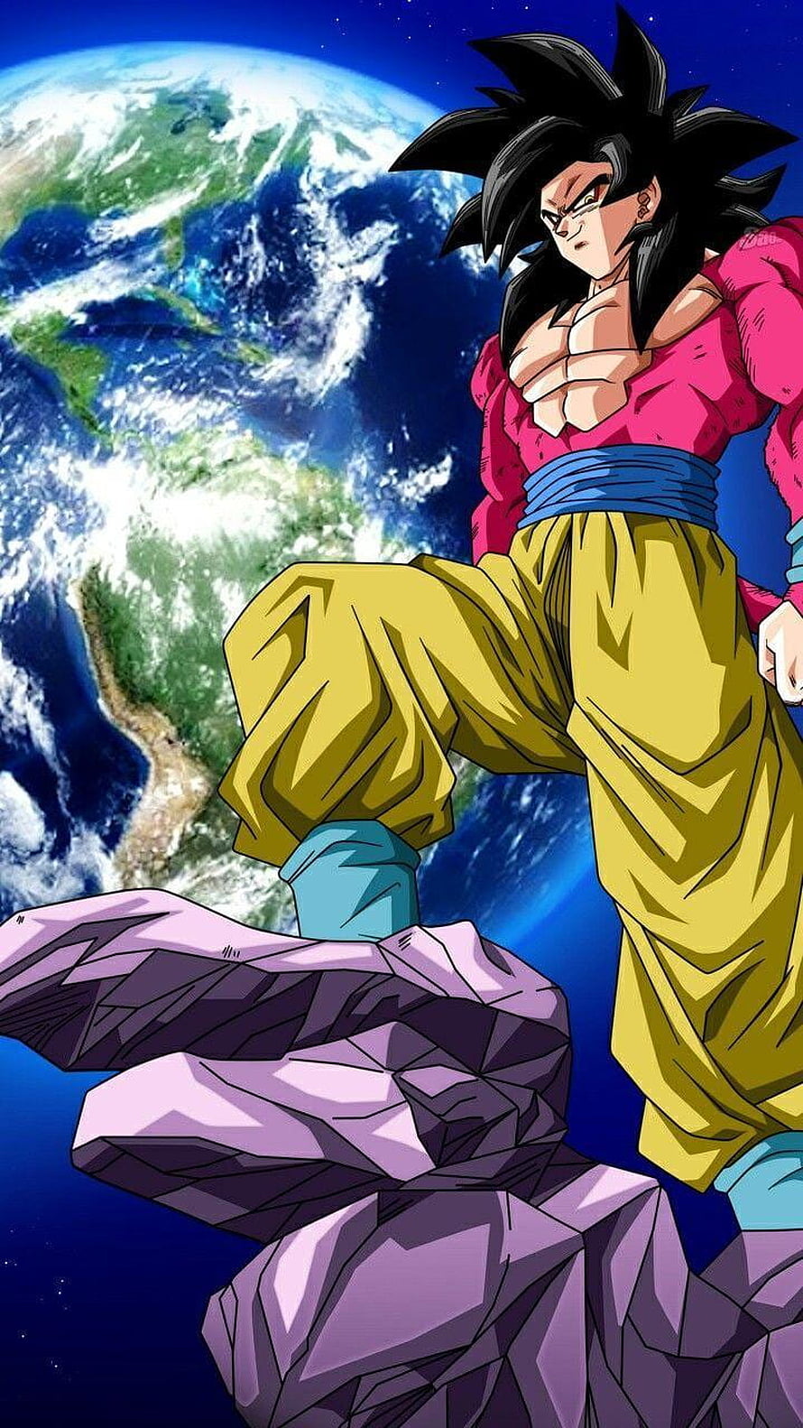 Super Saiyan 4 Goku Standing on Floating Rock Above Earth in Dragon Ball GT HD phone wallpaper