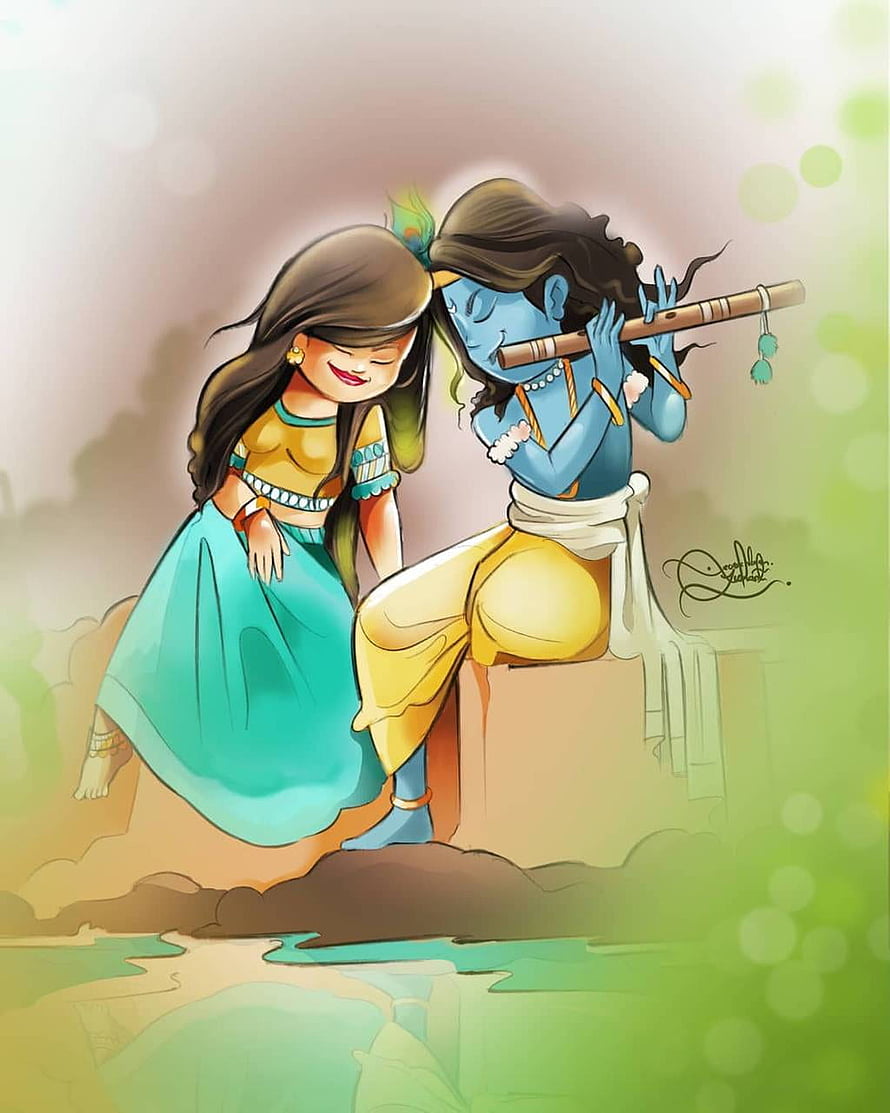 Radha Krishna Playing Flute in Pastoral Setting HD phone wallpaper