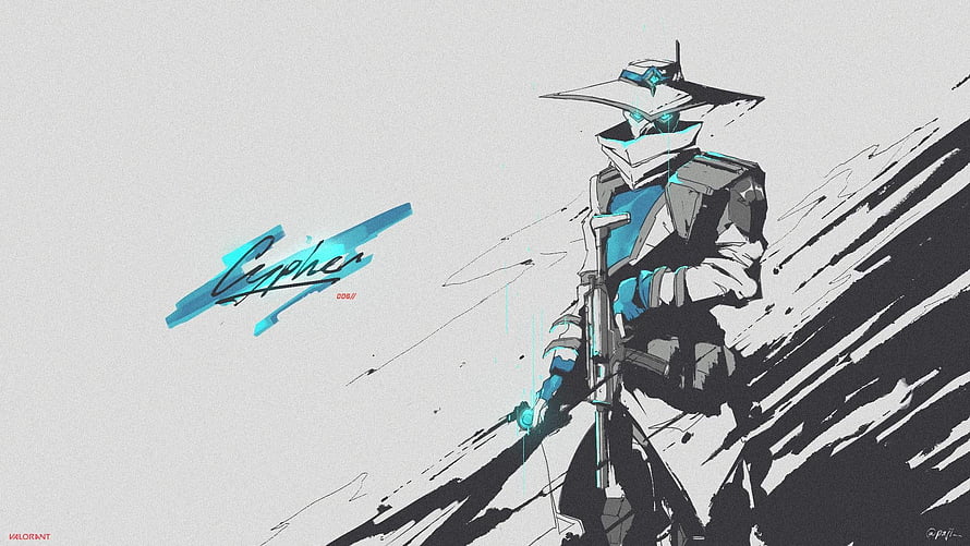 Cypher Valorant Character Concept Art with Blue and White Tactical Gear HD wallpaper