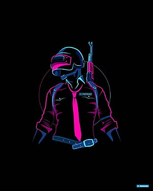 Neon Cyberpunk Soldier with Helmet and Rifle on Black Background HD phone wallpaper