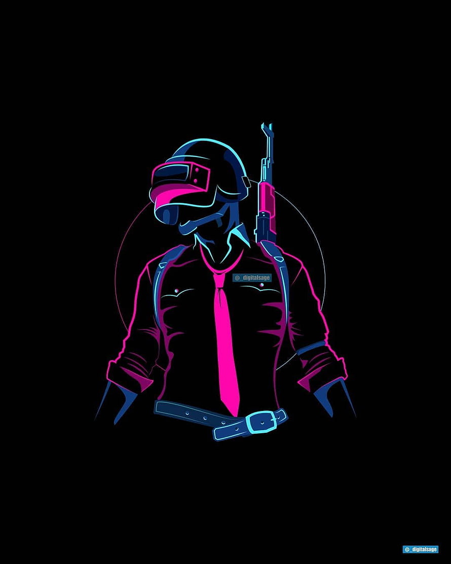 Neon Cyberpunk Soldier with Helmet and Rifle on Black Background HD phone wallpaper
