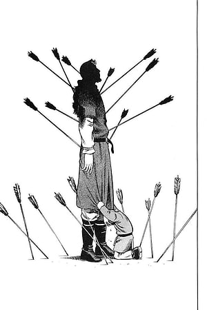 Vinland Saga Manga Illustration of a Warrior Pierced by Arrows with a Child at Their Feet HD phone wallpaper