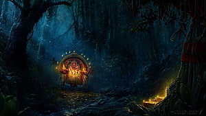 Theyyam Ritual Performance in a Dark Misty Forest with Glowing Torches and Traditional Attire HD wallpaper